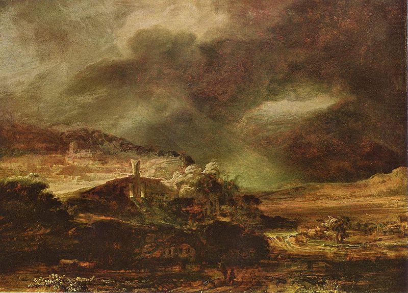 Stadt auf einem Hugel bei sturmischem Wetter, Rembrandt Harmensz Van Rijn